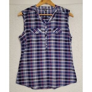 Lot of 2 EDDIE BAUER Women's Plaid Blouse Sz M Sleeveless Shirt Lightweight 1015